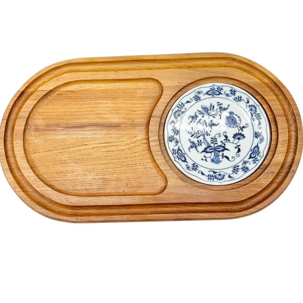Vintage Dolphin Teakwood Serving Tray Ceramic Plate Insert 17.5